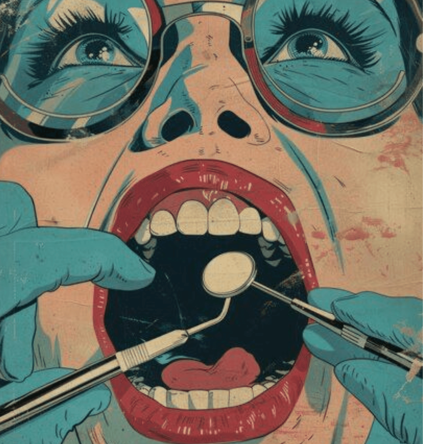Pop-art comic illustration of a dental check-up