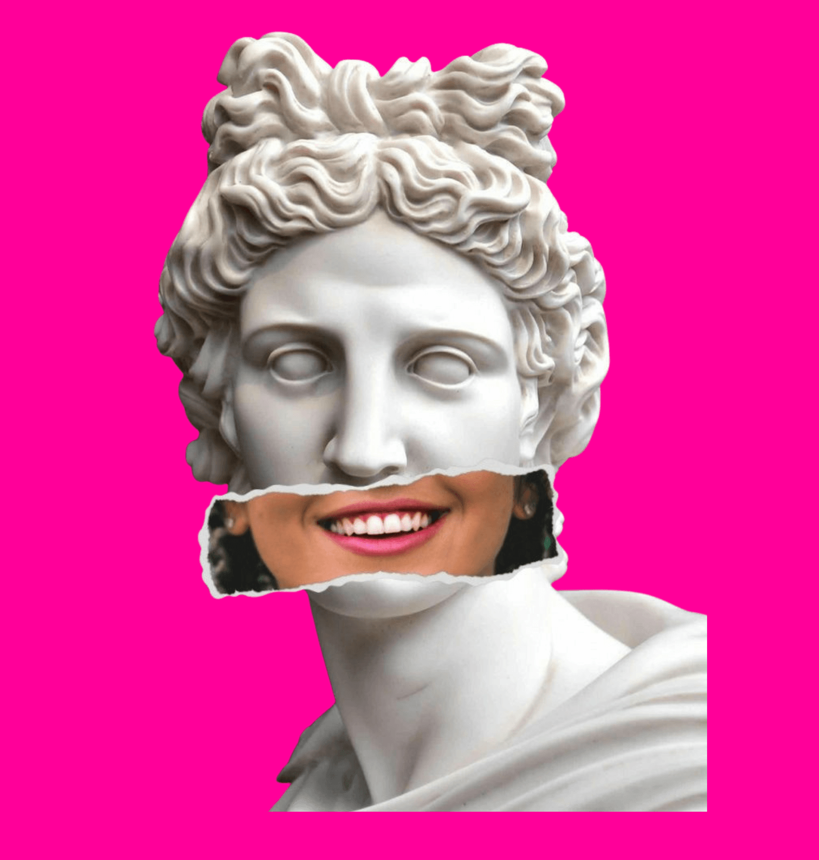 Classical marble bust with a torn-paper smiling mouth